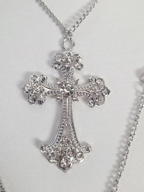 Silver Layered Cross Pendant Necklace - Picture 6 of 9